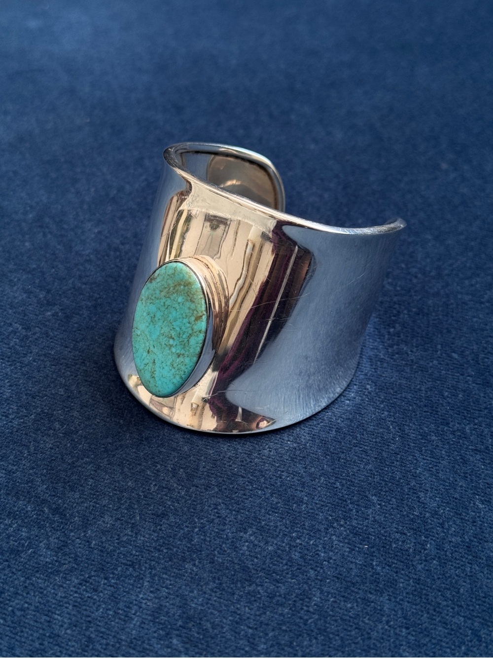 Navajo RD Sign Sterling Silver Wide Turquoise Statement Cuff Bracelet .